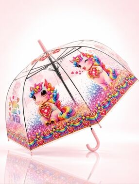 Unicorn Kawaii Clear Dome Transparent Semi-Automatic Umbrella.